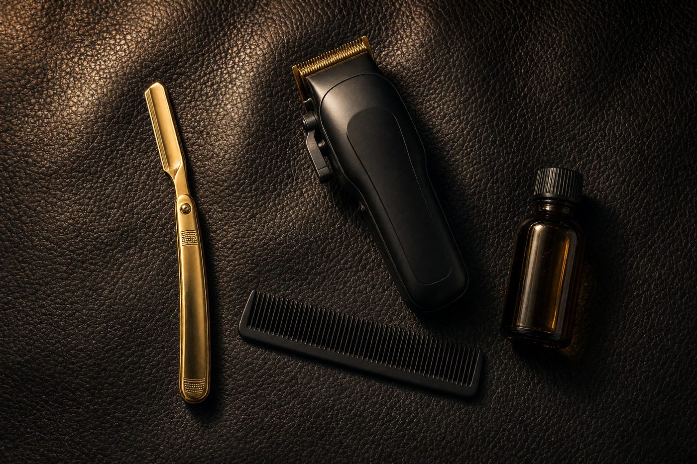 Straight razor, clippers, comb and beard oil arranged on dark leather (illustrative image)