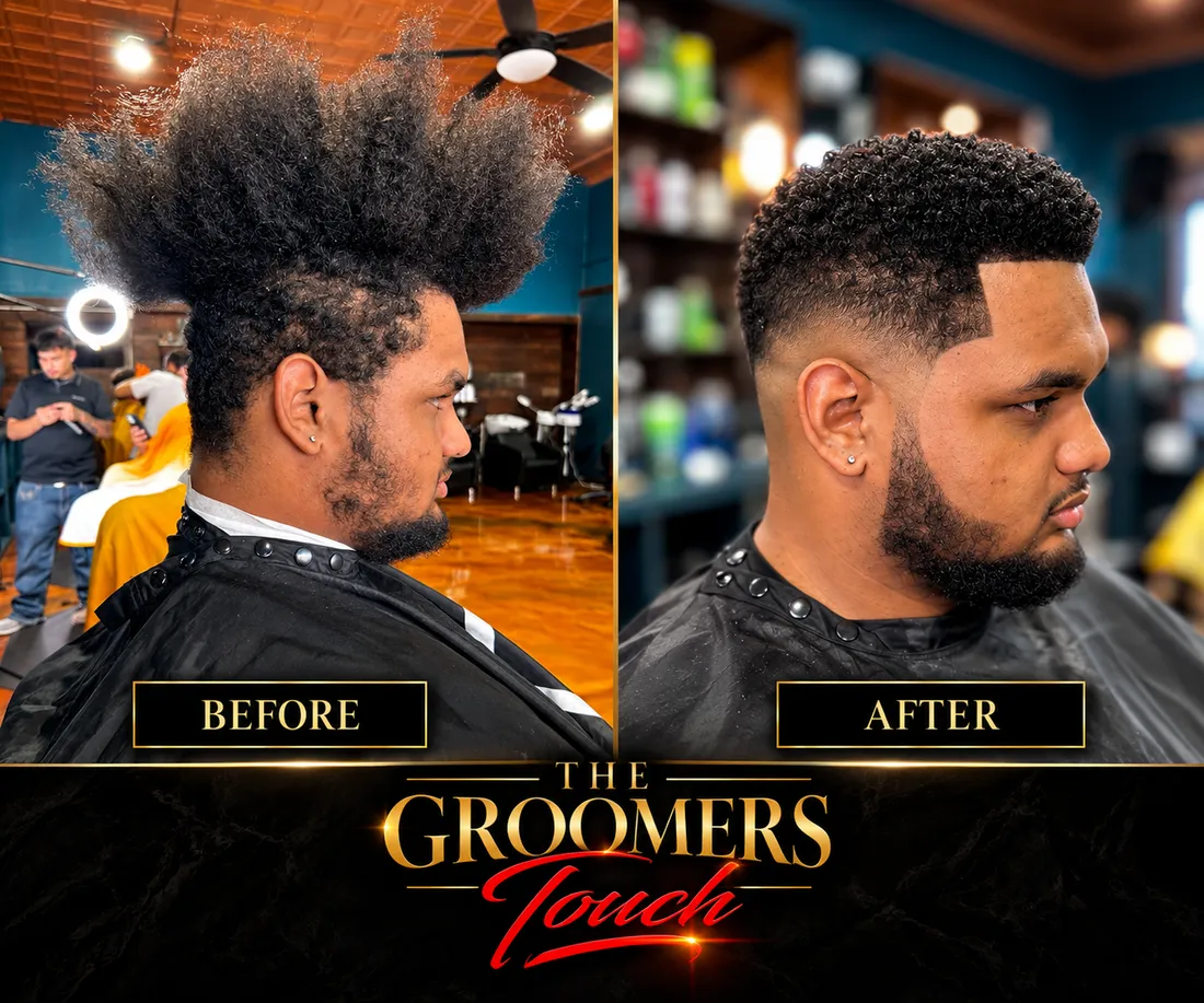 Before and after: a full afro cut down to a clean taper fade with a shaped beard