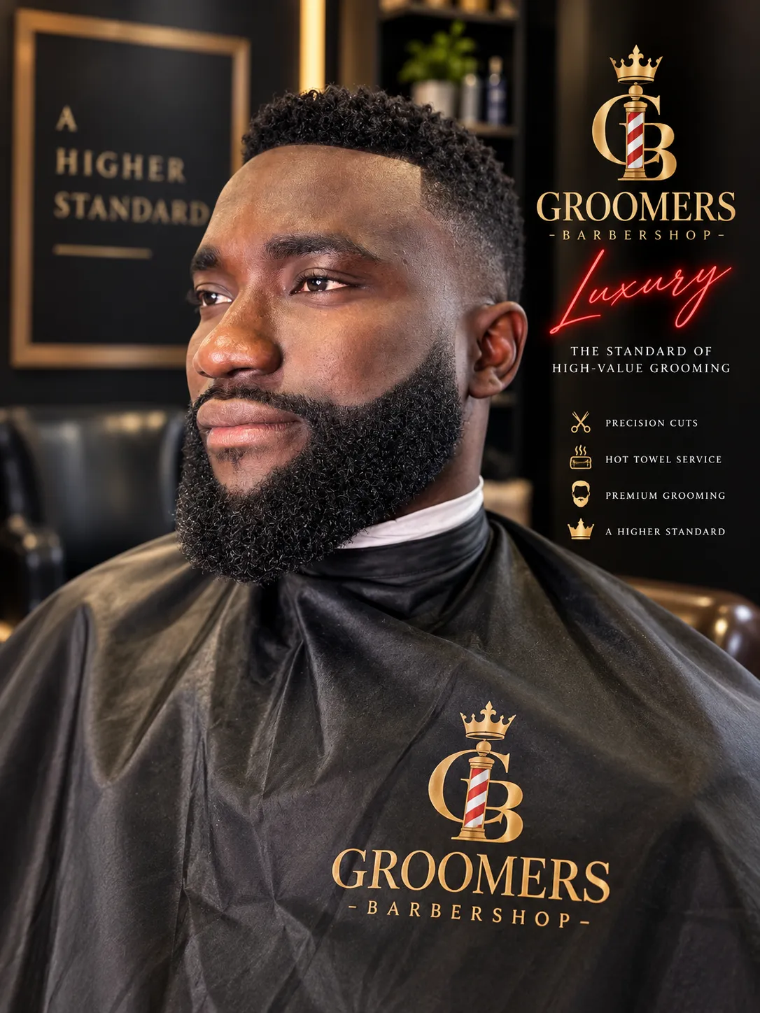 Full beard shaped and lined up with a clean fade