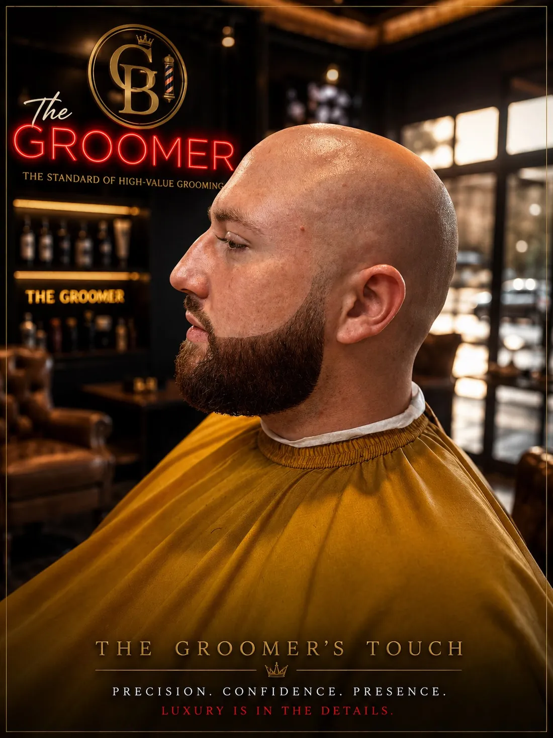 Bald fade and sculpted beard, from The Groomer’s standard series