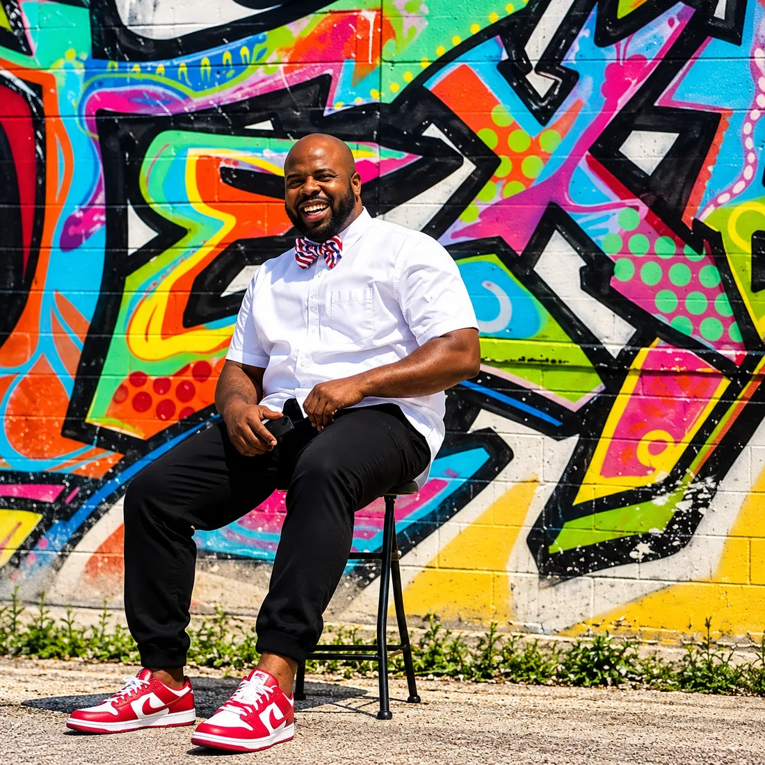 Kalan LéKeif Burnett, The Groomer, smiling in front of a graffiti wall in a white shirt, bow tie and red sneakers