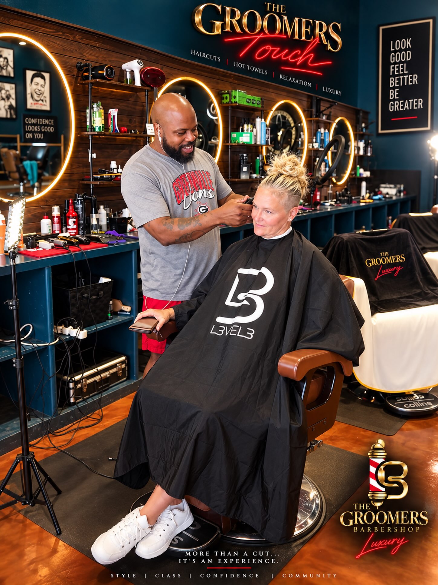 Poster from Groomers Barbershop&rsquo;s Instagram — a cut in progress at the shop, ring lights and barber stations behind