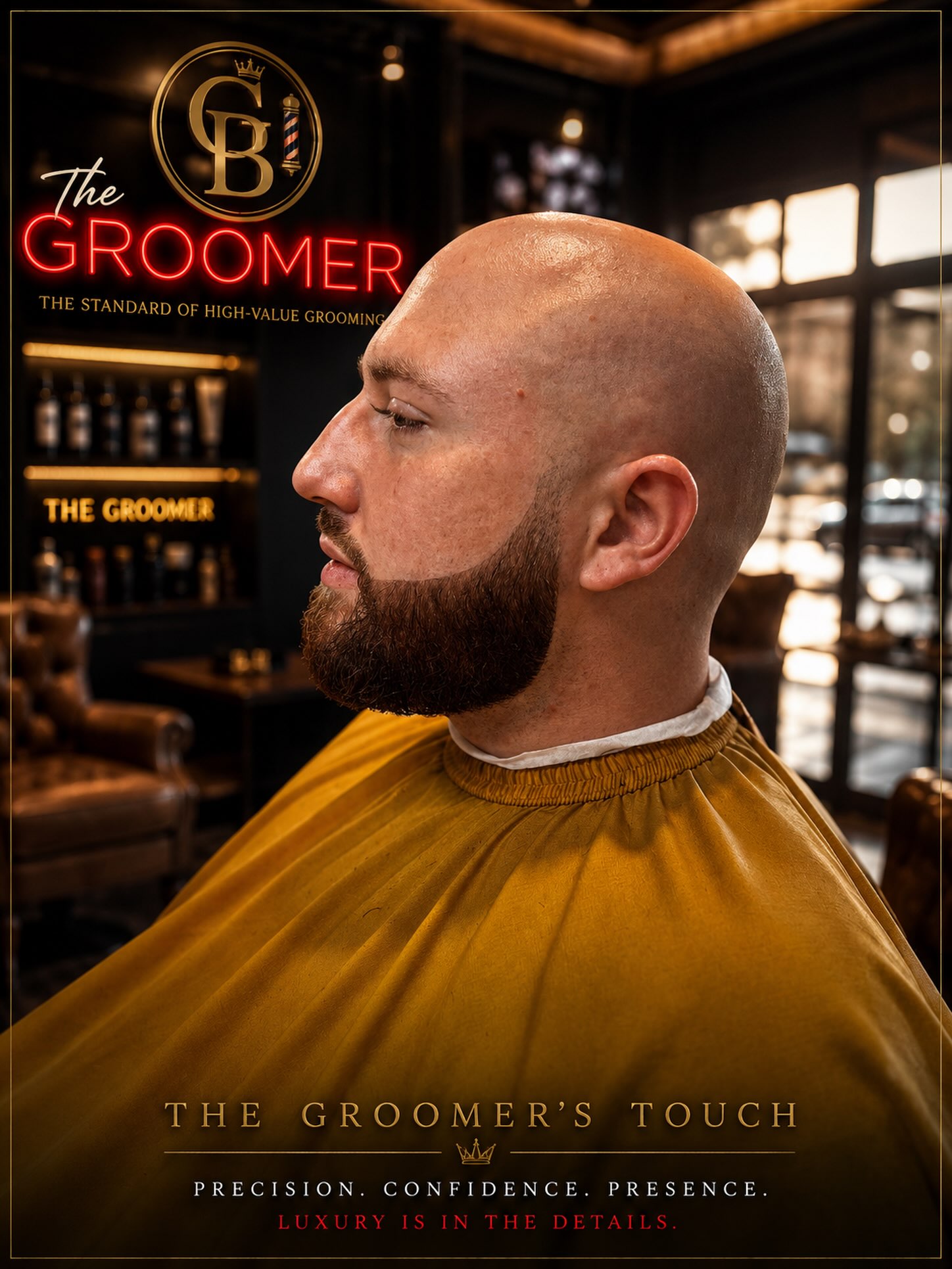 Groomers Barbershop poster — &ldquo;The Standard of High-Value Grooming&rdquo; — a client&rsquo;s clean head shave and sculpted beard in the shop